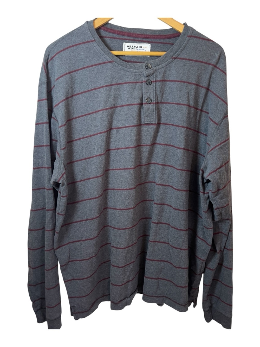 Wrangler Henley Shirt Mens 2XL Gray Burgundy Striped Long Sleeve 100% Cotton